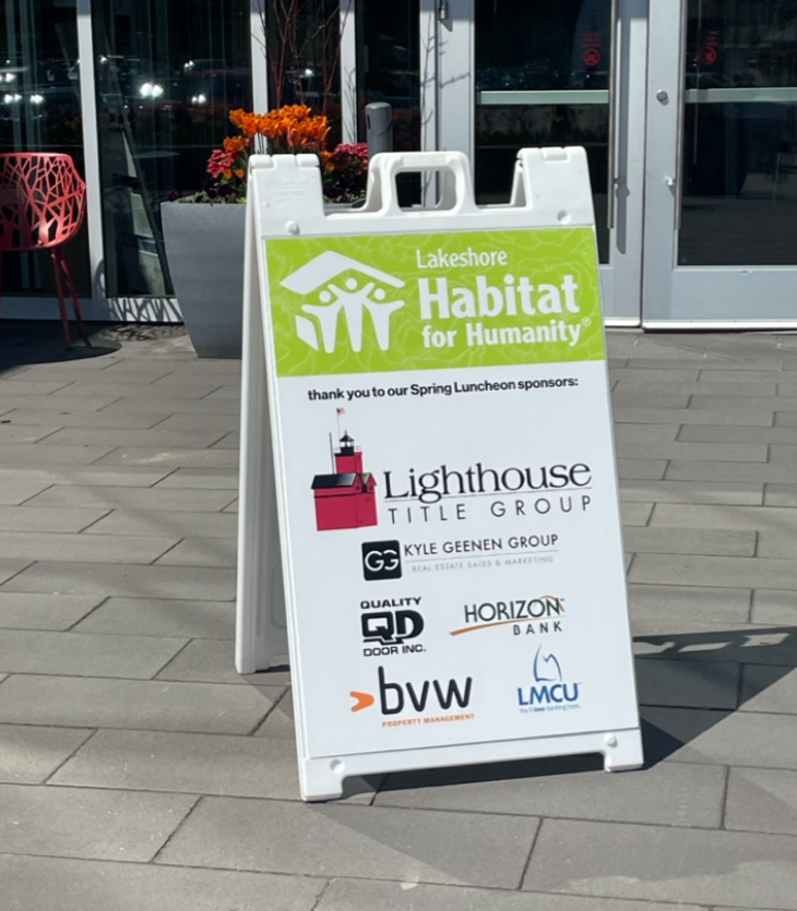 Custom business a-frame sign for Lakeshore Habitat for Humanity produced by Holland MI print shop