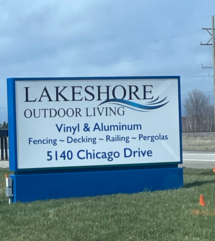 Custom business sign for Lakeshore Outdoor Living produced by Holland MI print shop